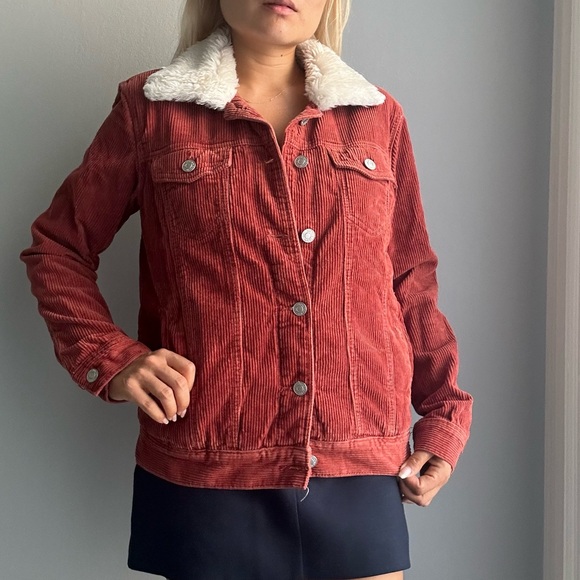 PacSun Faux Fur Collar Corduroy Oversized Jacket in Rust - Picture 4 of 14
